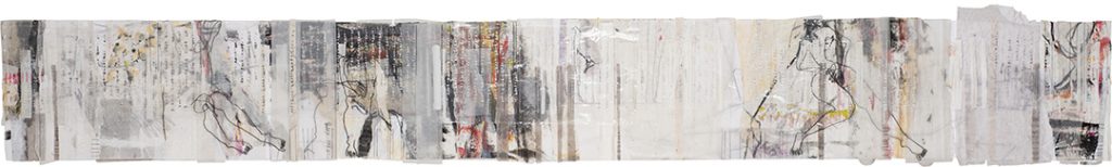 Strich|Band 43: Pinke Fingernägel | 20 x 135 cm | Objekt | 2019 | Acryl, Bleistift, Wachskreide, Kohle, Öl. Zeichnung, Malerei, Siebdruck, Monotypie. Auf Papier, Seidenpapier gewachst, Transparentpapier, Kunststoff. Draht. Genäht. | 1240 €
